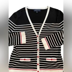 Jones New York Black and White Striped Cardigan with Red Accents. NWT sz Medium